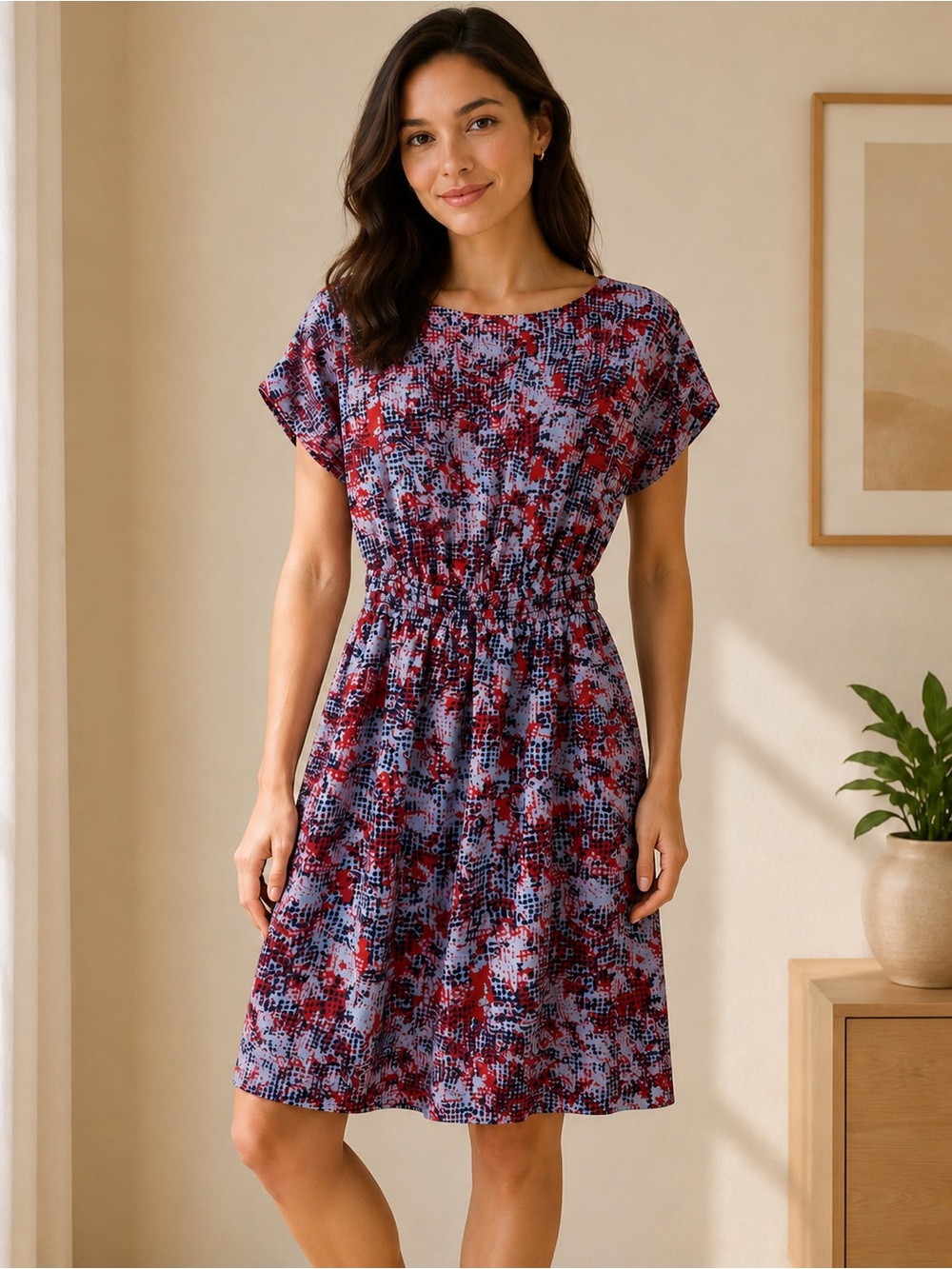 BCBG Generation Red & Blue Abstract Print Sheer Lined Knee-Length Dress | M